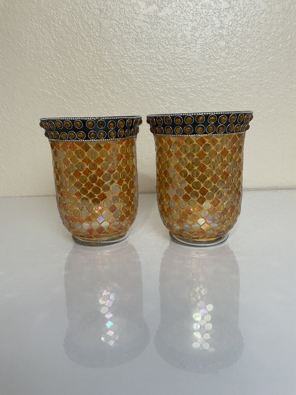 Biedermann 2 Amber Gold Mosaic Glass Candle Holders Votive Hurricane Decor